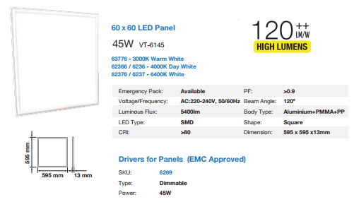Pannello LED 60x60 45w Luce Natura 4000°k 5400 Lumen